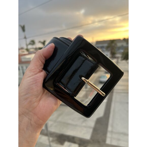 Vintage Y2K Yves St. Laurent black patent leather belt square buckle 36 retro - Picture 1 of 11